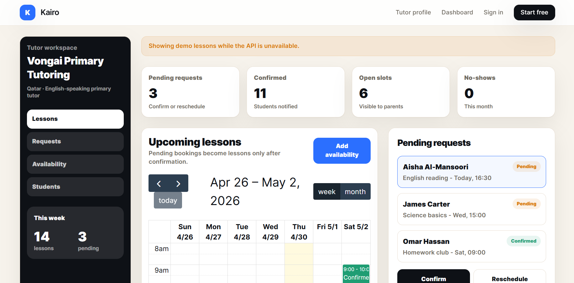 Kairo tutor booking and lesson management dashboard